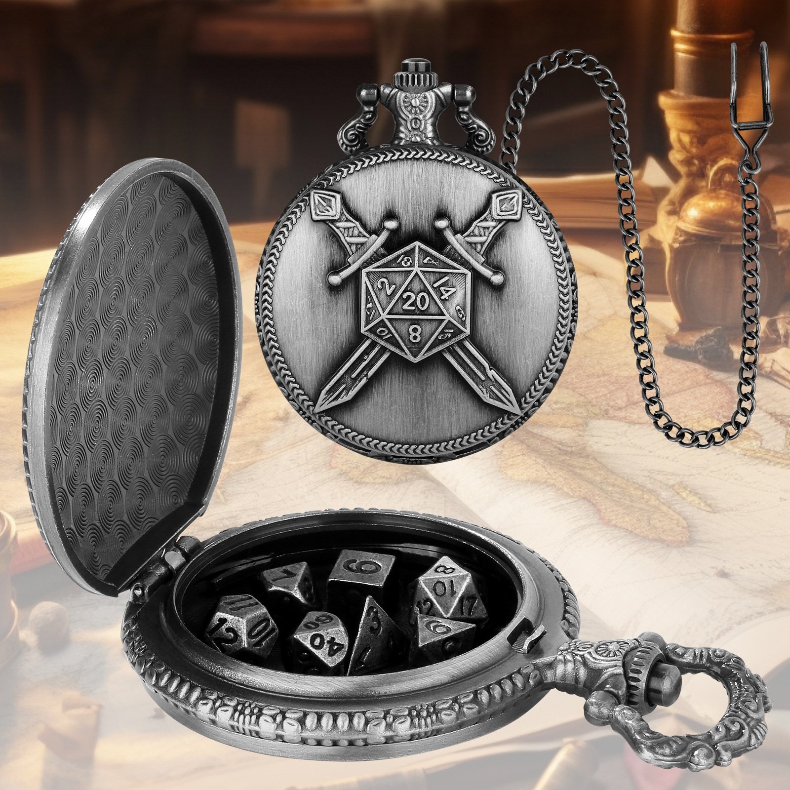 Warrior D20 Theme DND Pocket Watch Shell Dice Mini Metal Dice Set for Dungeons and Dragons