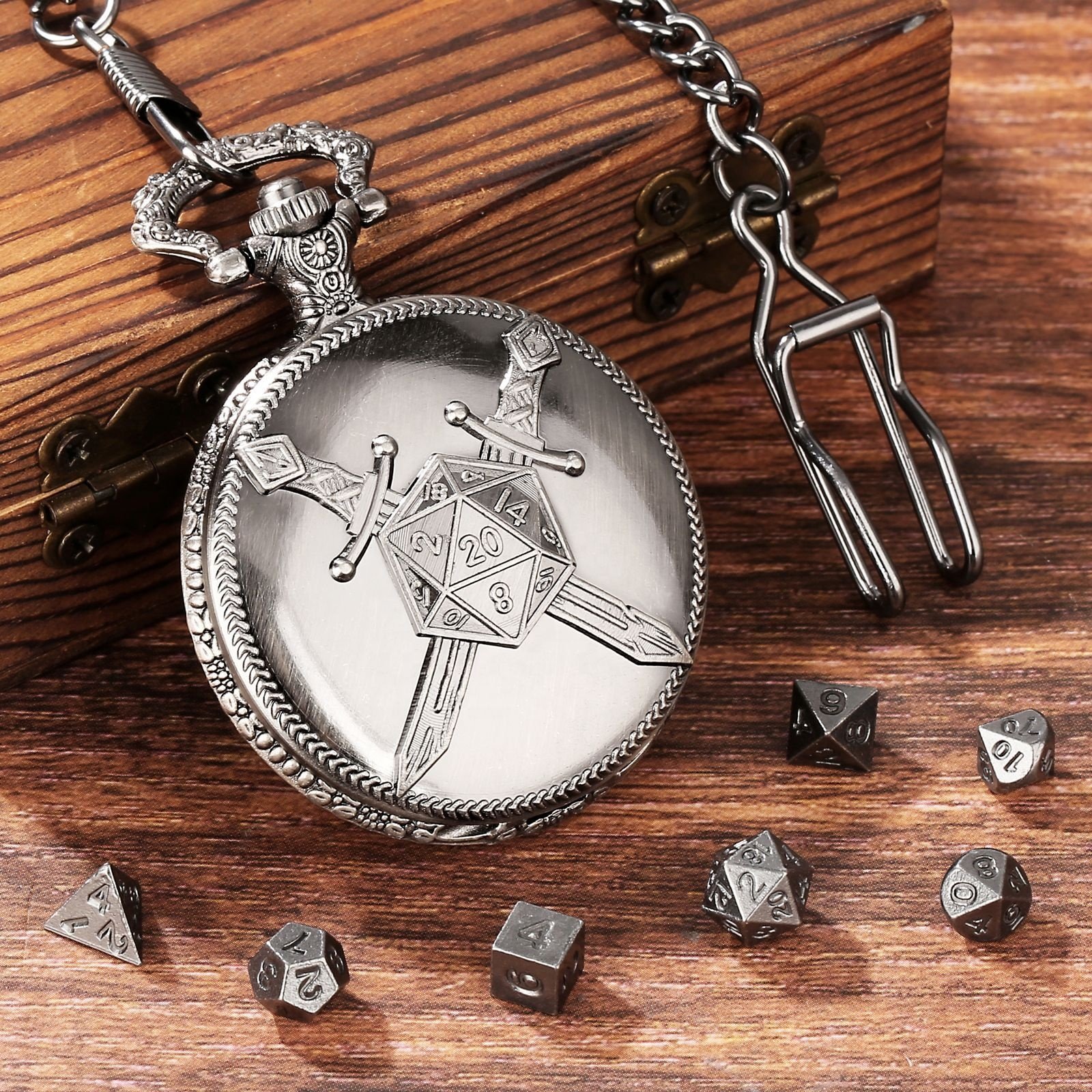 Warrior D20 Theme DND Pocket Watch Shell Dice Mini Metal Dice Set for Dungeons and Dragons