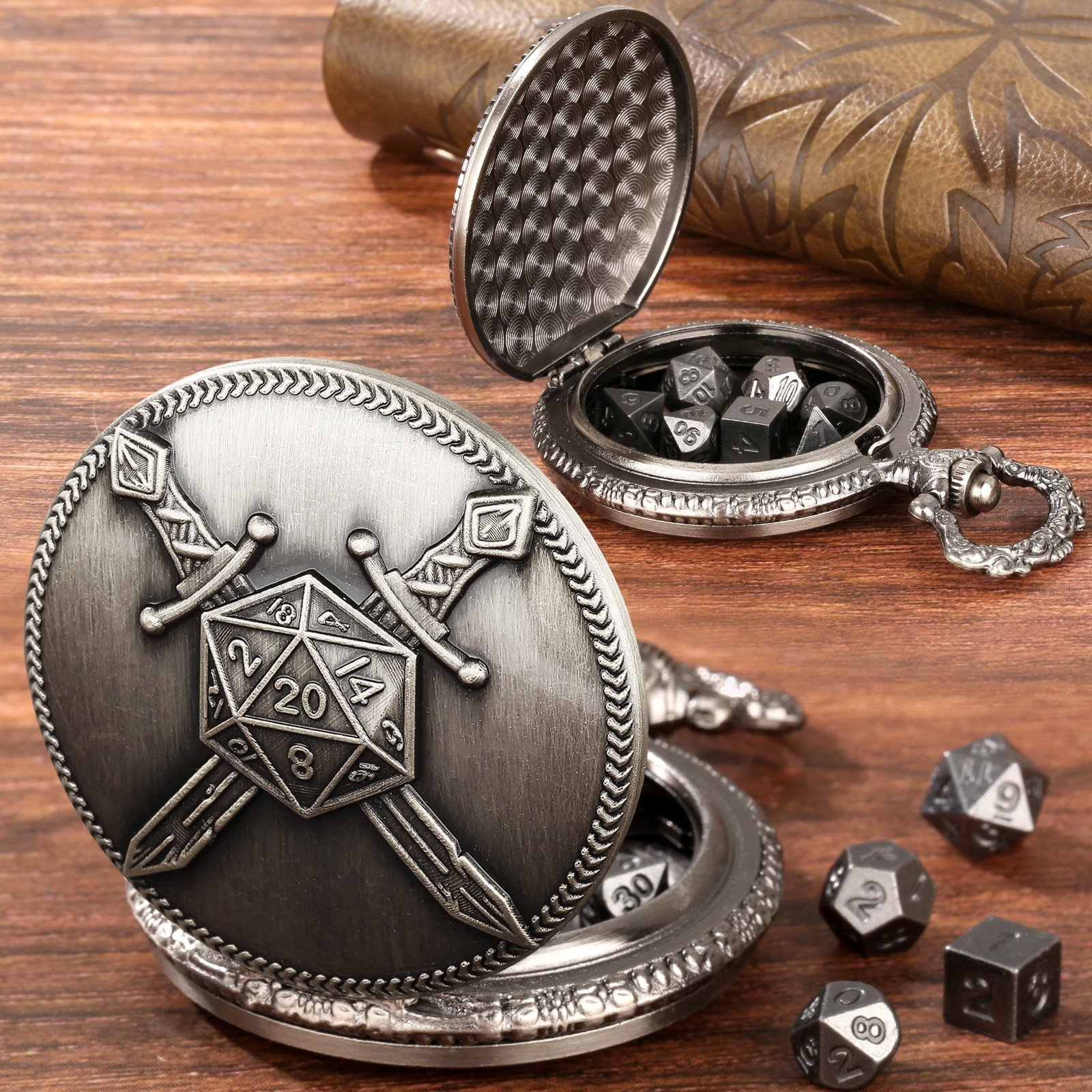 Warrior D20 Theme DND Pocket Watch Shell Dice Mini Metal Dice Set for Dungeons and Dragons