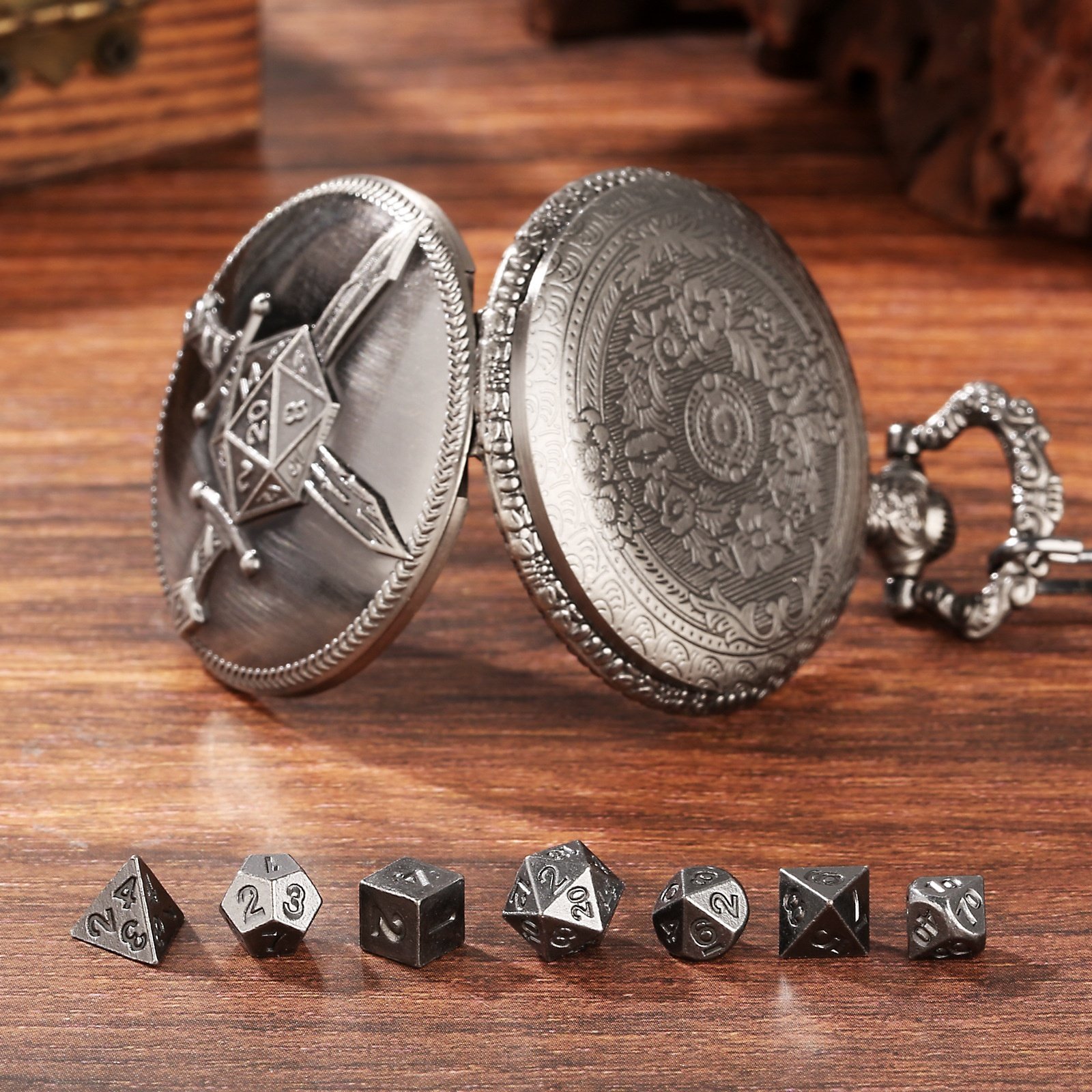 Warrior D20 Theme DND Pocket Watch Shell Dice Mini Metal Dice Set for Dungeons and Dragons