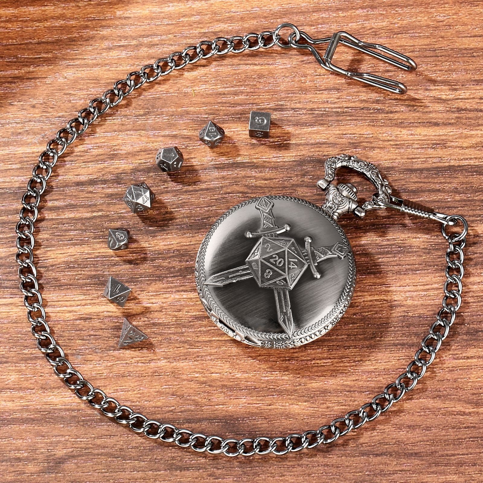 Warrior D20 Theme DND Pocket Watch Shell Dice Mini Metal Dice Set for Dungeons and Dragons