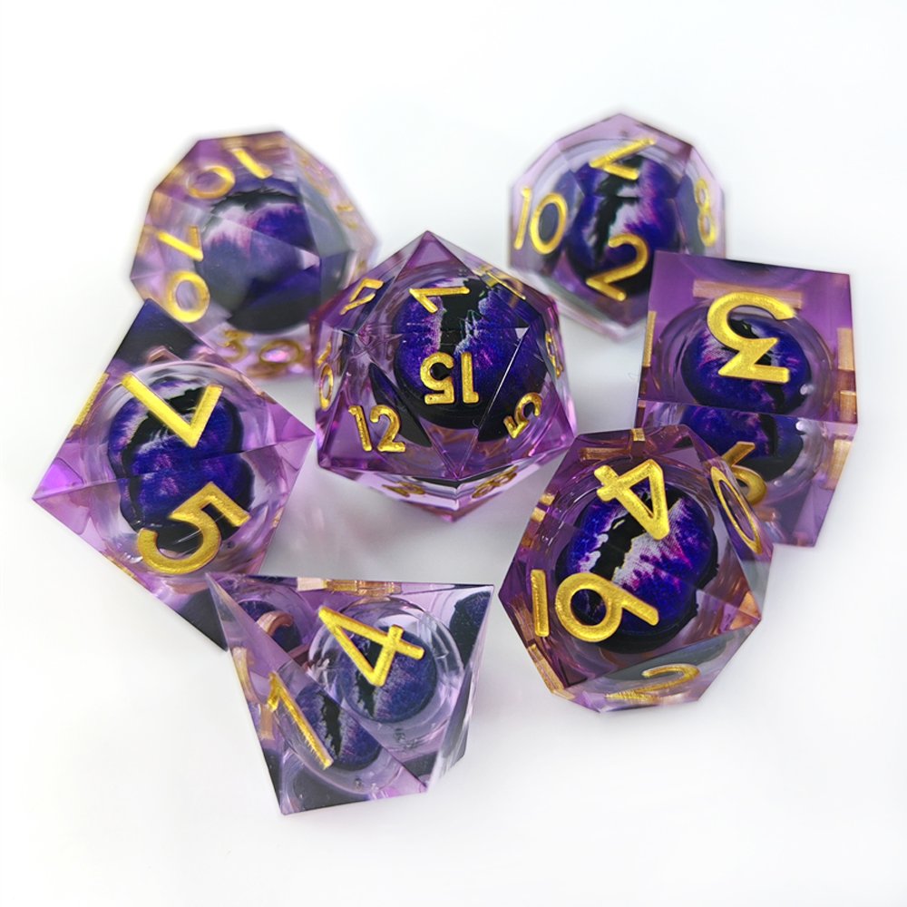Purple Dragon Eye DND Dice Set Sharp Edge Liquid Core Resin Handmade Dice 7pcs for Role Playing Dungeons and Dragons Game