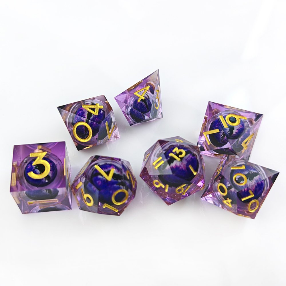 Purple Dragon Eye DND Dice Set Sharp Edge Liquid Core Resin Handmade Dice 7pcs for Role Playing Dungeons and Dragons Game