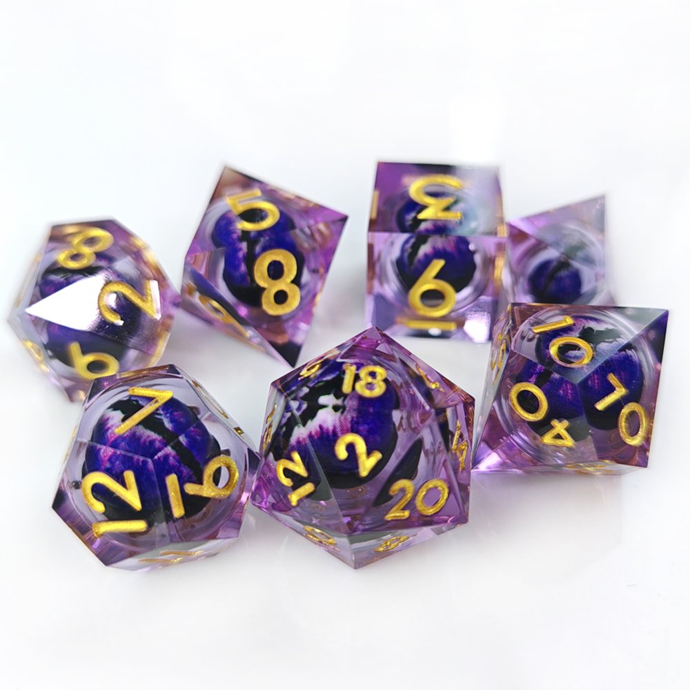 Purple Dragon Eye DND Dice Set Sharp Edge Liquid Core Resin Handmade Dice 7pcs for Role Playing Dungeons and Dragons Game