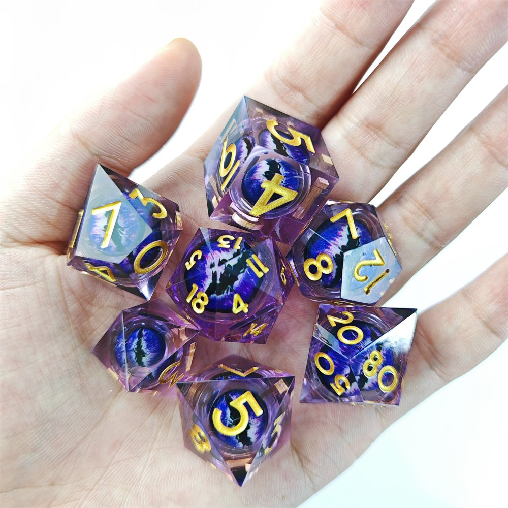 Purple Dragon Eye DND Dice Set Sharp Edge Liquid Core Resin Handmade Dice 7pcs for Role Playing Dungeons and Dragons Game