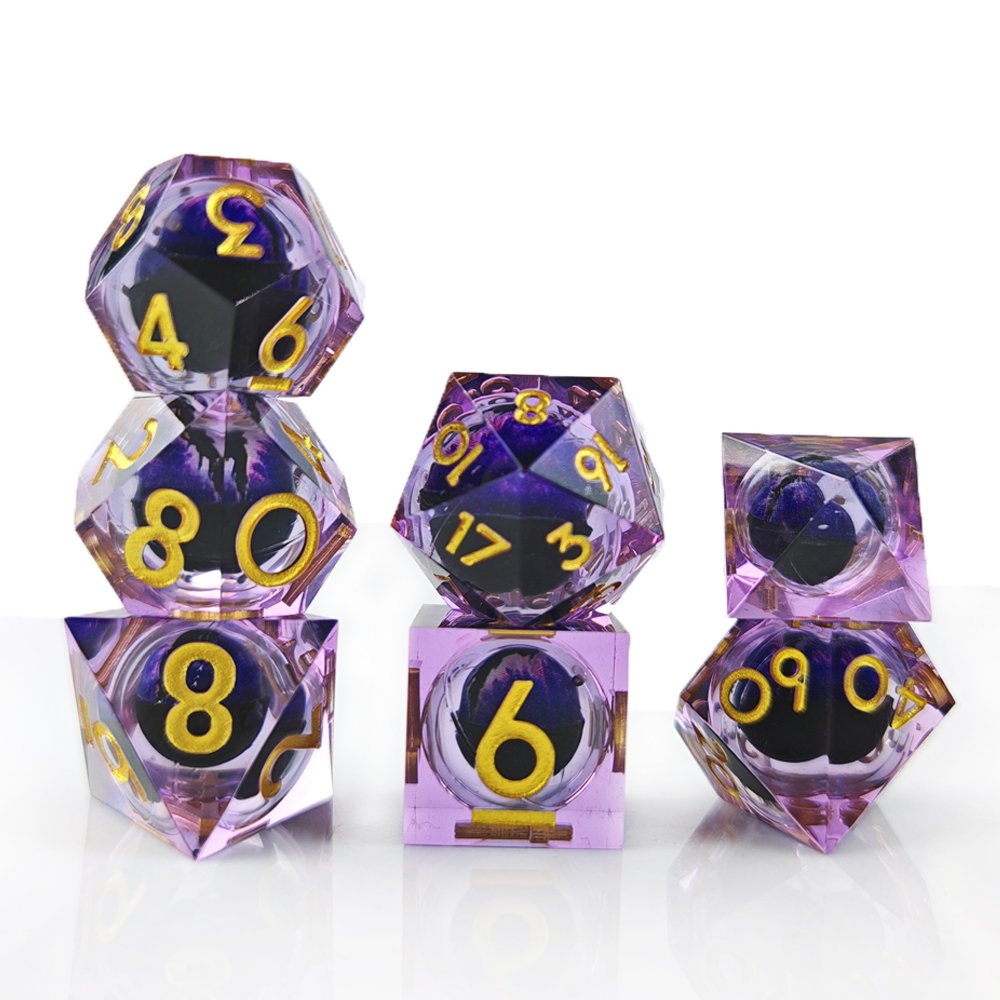 Purple Dragon Eye DND Dice Set Sharp Edge Liquid Core Resin Handmade Dice 7pcs for Role Playing Dungeons and Dragons Game