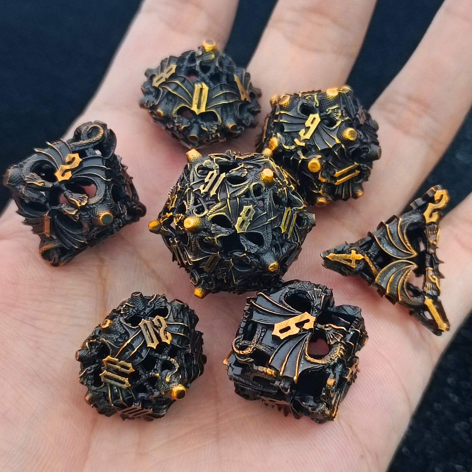 Polyhedral Double Dragon Skeleton Gold Custom Dice Tabletop Games Instructional Dice Accessories Skeleton Dice Sets