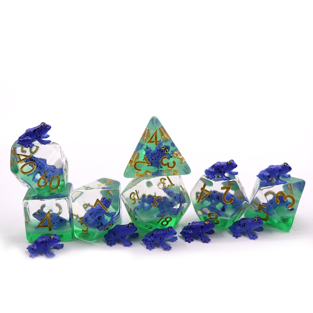 Dice Custom Resin Polyhedral Plastic Blue frog inclusion Dnd Game Dice Set