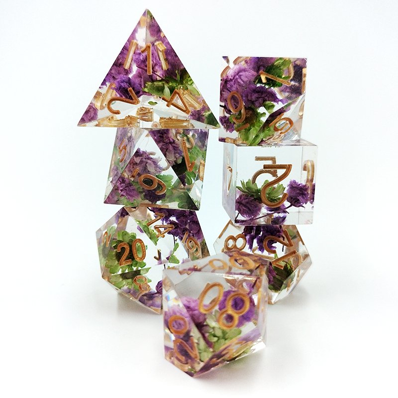 Custom Logo Purple Green Flowers Polyhedral Rpg Transparent Plastic Dice 7pcs Set Dnd Square Corner Handmade Game Dice