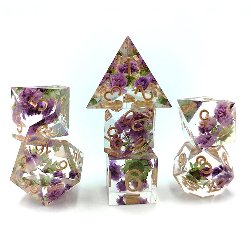 Custom Logo Purple Green Flowers Polyhedral Rpg Transparent Plastic Dice 7pcs Set Dnd Square Corner Handmade Game Dice