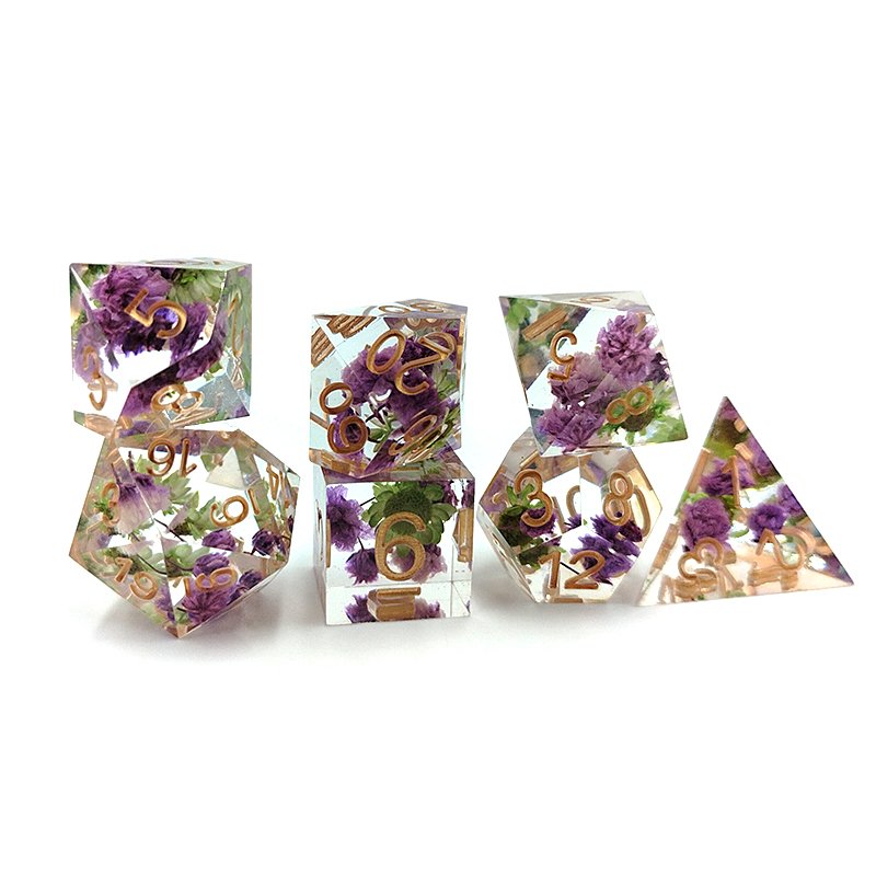 Custom Logo Purple Green Flowers Polyhedral Rpg Transparent Plastic Dice 7pcs Set Dnd Square Corner Handmade Game Dice