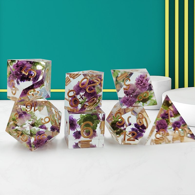 Custom Logo Purple Green Flowers Polyhedral Rpg Transparent Plastic Dice 7pcs Set Dnd Square Corner Handmade Game Dice