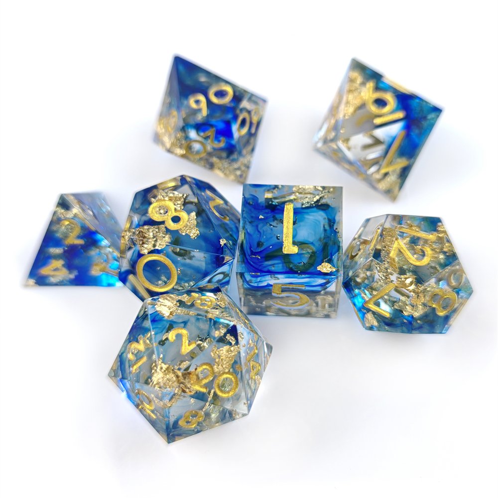 Resin Dice for Dungeons and Dragon RPG Board Game Sharp Edge Dice 7pcs Transparent Blue Sequin Resin Dice