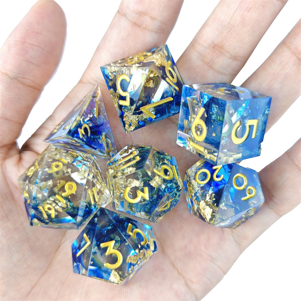 Resin Dice for Dungeons and Dragon RPG Board Game Sharp Edge Dice 7pcs Transparent Blue Sequin Resin Dice