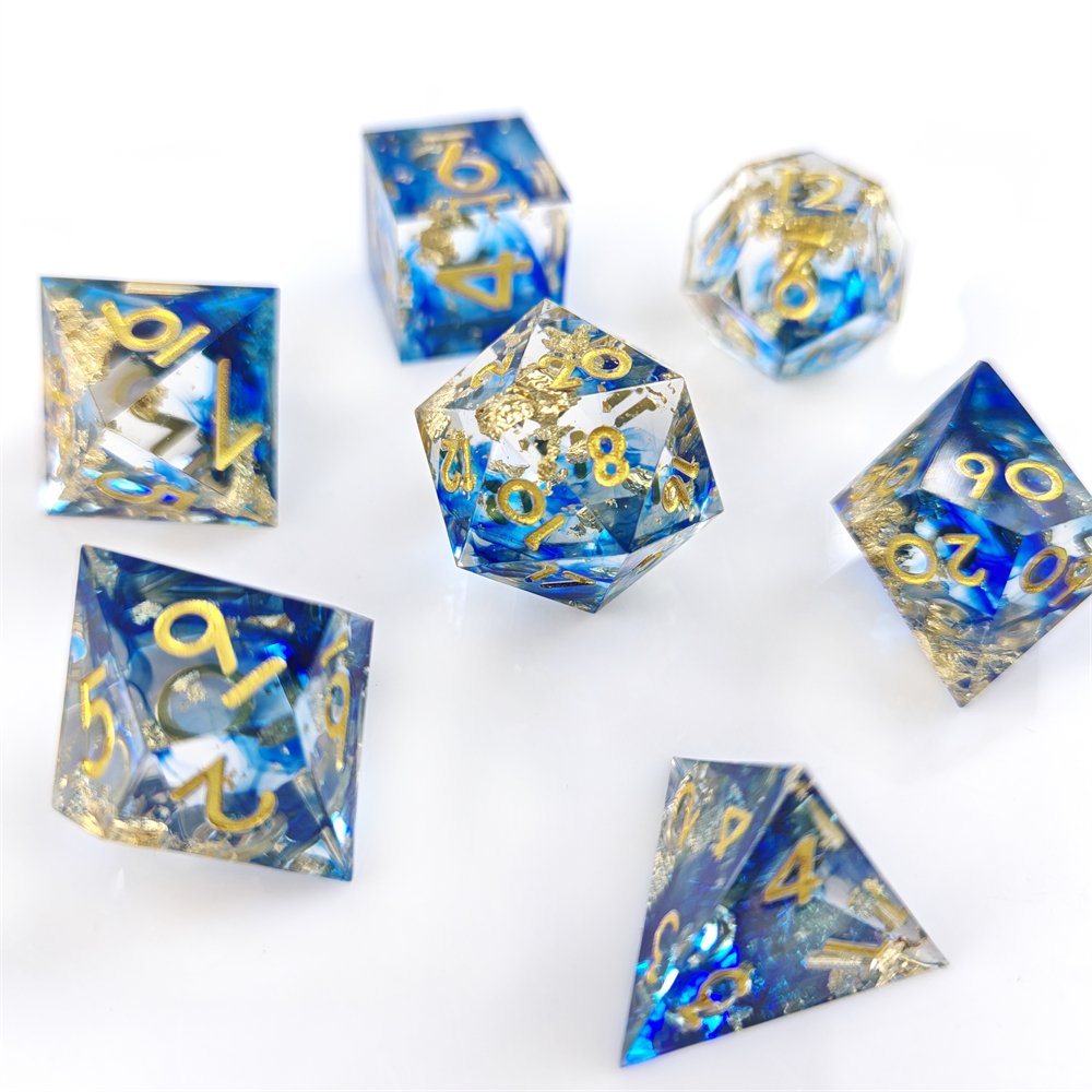 Resin Dice for Dungeons and Dragon RPG Board Game Sharp Edge Dice 7pcs Transparent Blue Sequin Resin Dice