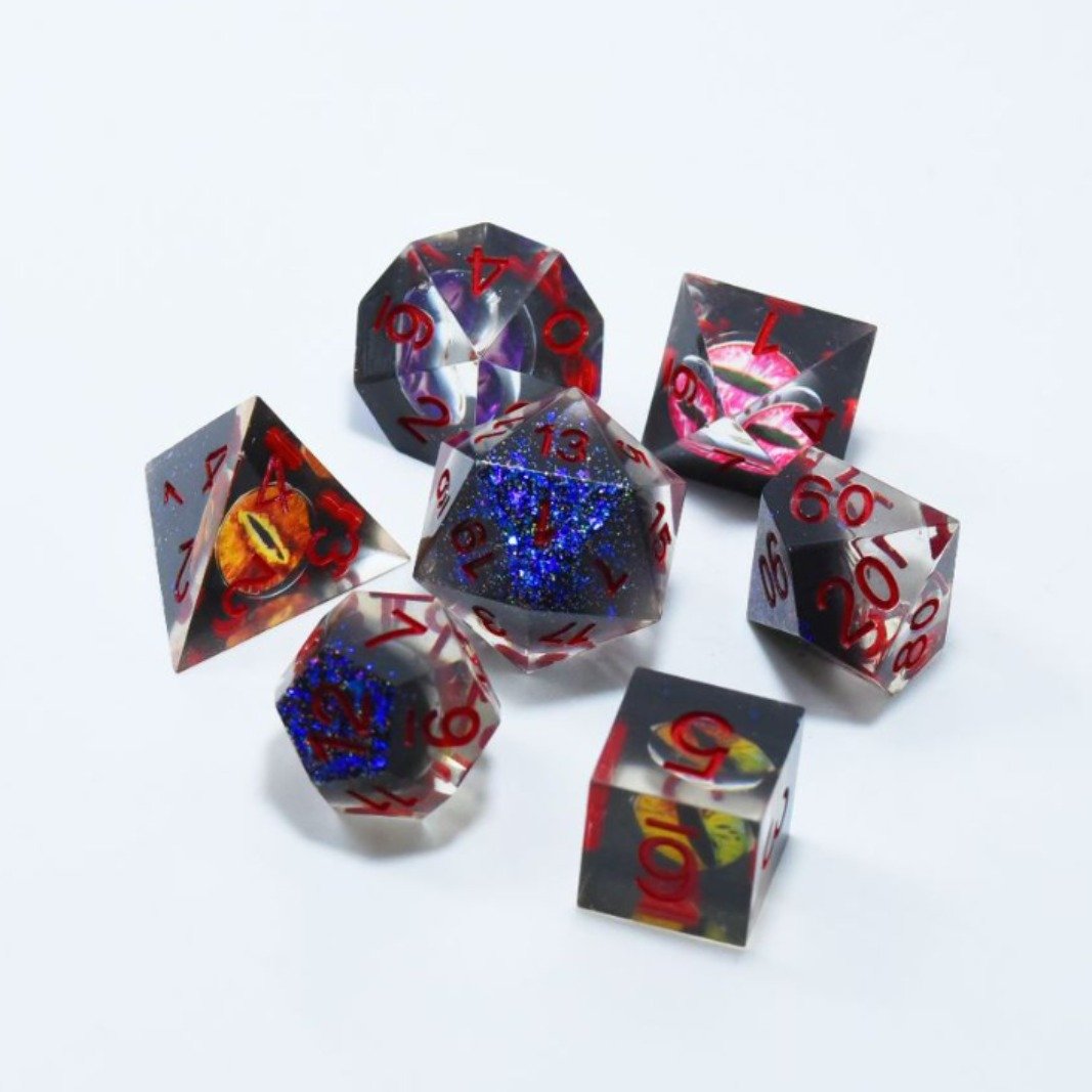 Custom Clear Resin Dice Set With Gold Leaf Color Dnd Dice Set With Gold Digital Engraved Logo