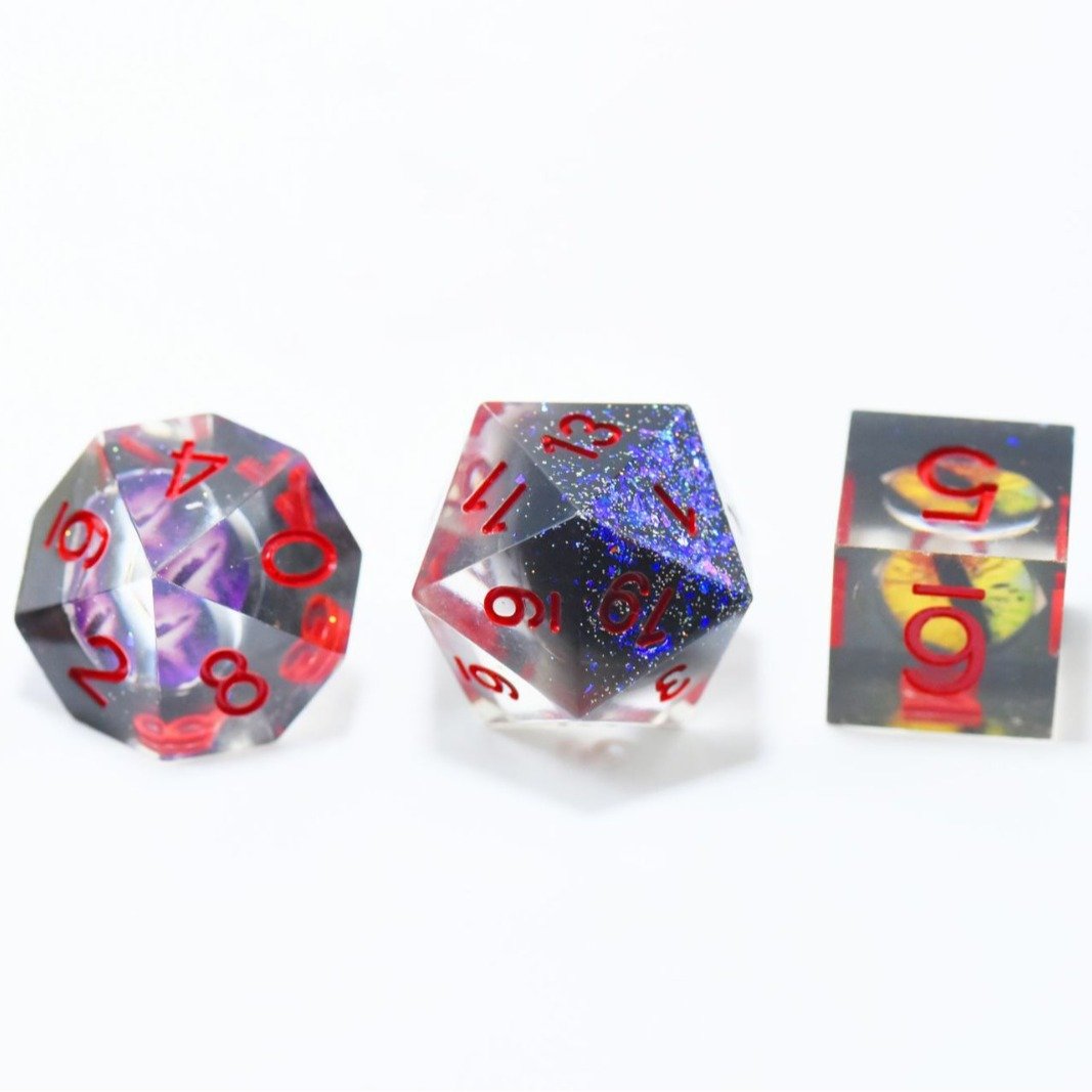Custom Clear Resin Dice Set With Gold Leaf Color Dnd Dice Set With Gold Digital Engraved Logo