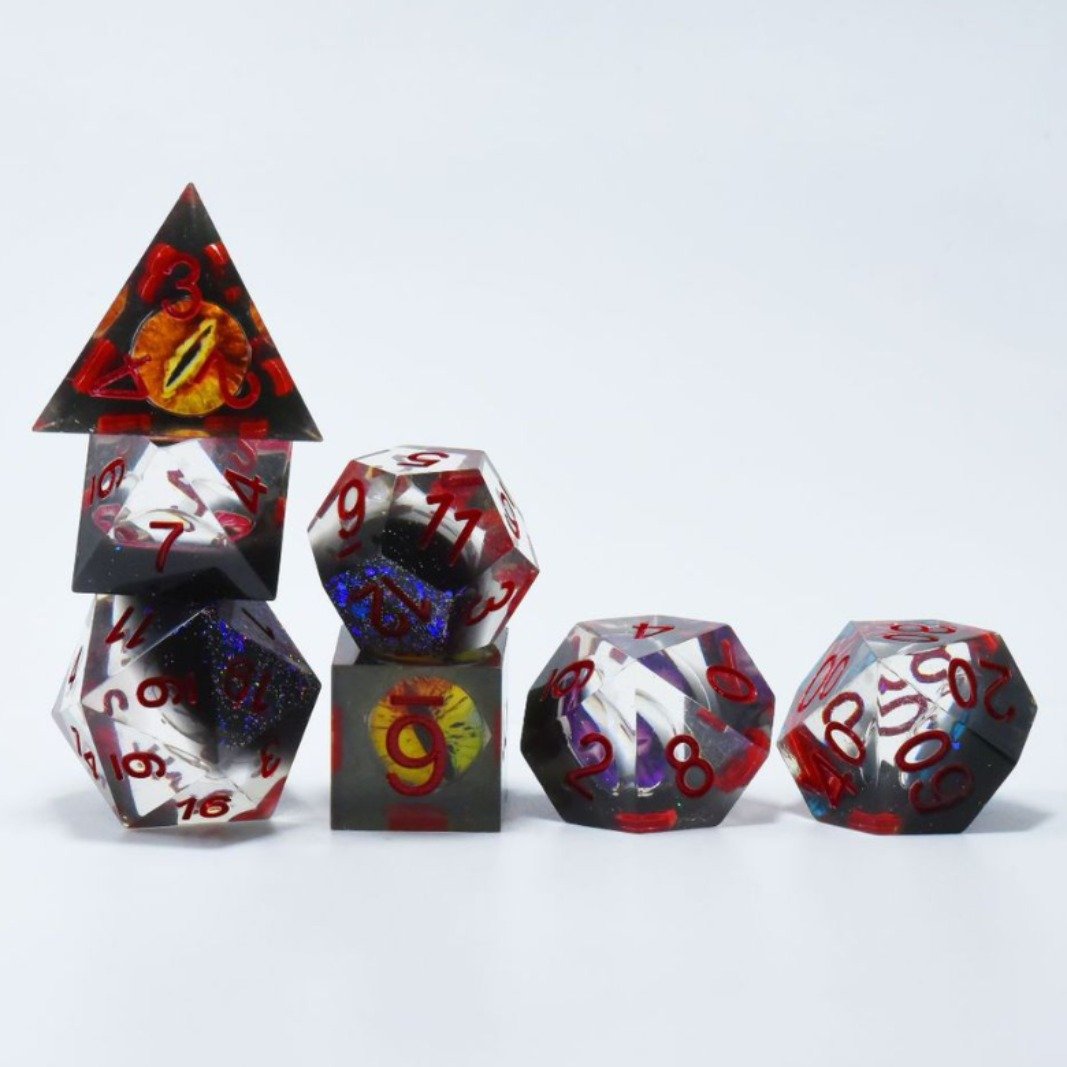 Custom Clear Resin Dice Set With Gold Leaf Color Dnd Dice Set With Gold Digital Engraved Logo