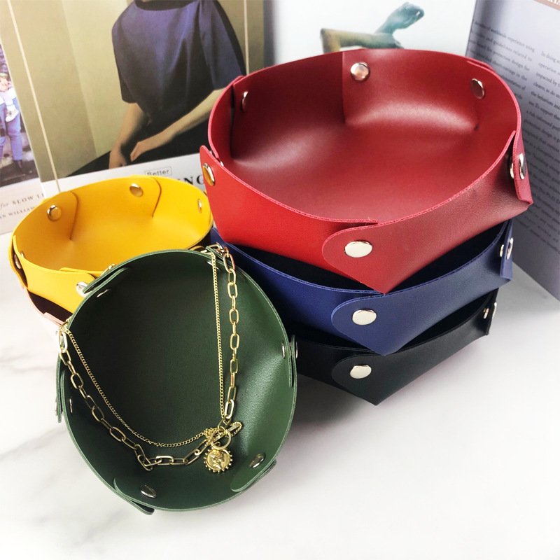 Custom Logo Foldable Leather Tray Holder Bathroom Mini Circular Table Serving Tray Keys Storage for Home Decor Dice Jewelry