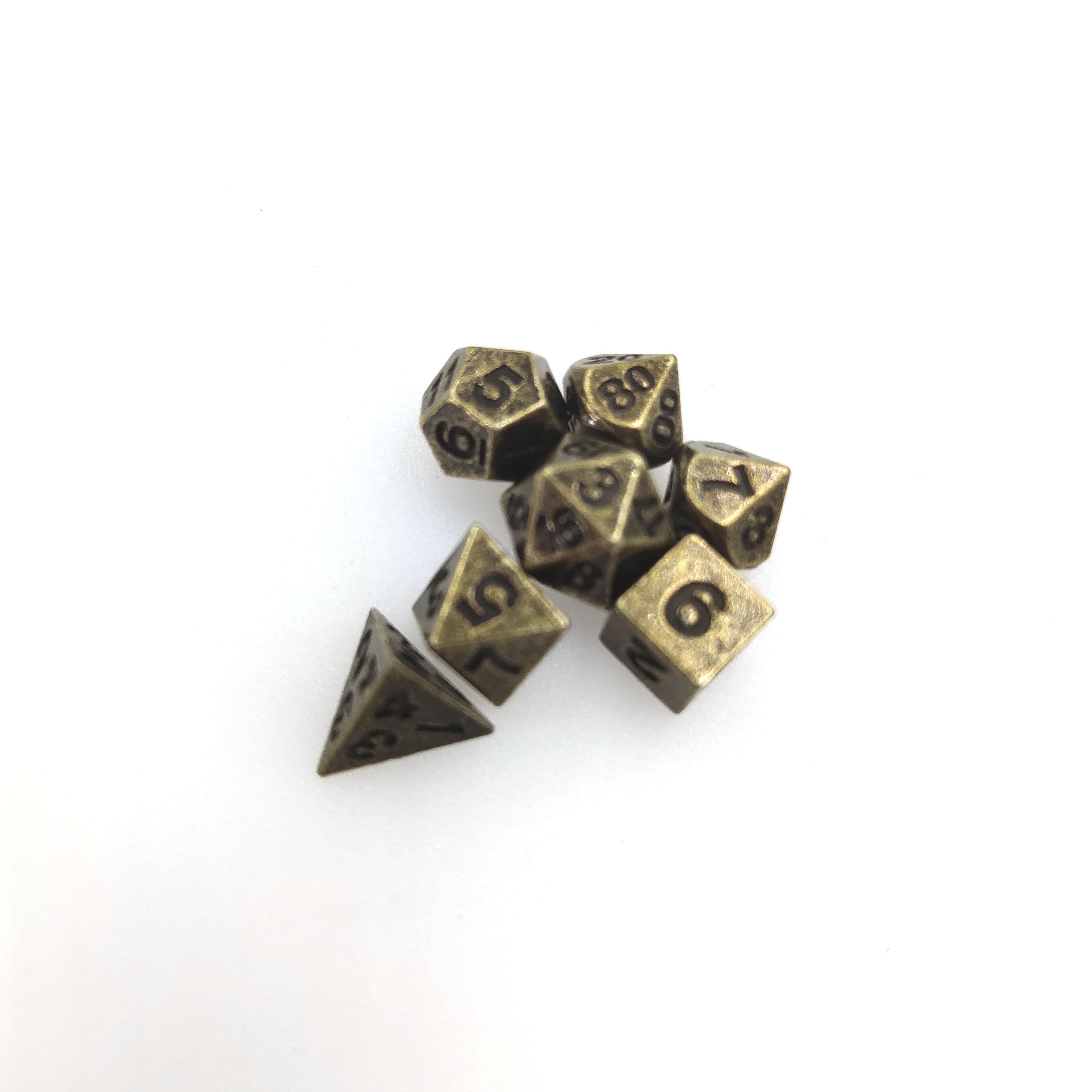 Mini Dice 7 Polyhedral Metal Dice Rolled Bronze Tabletop and Role-Playing Games Dice D20, D12