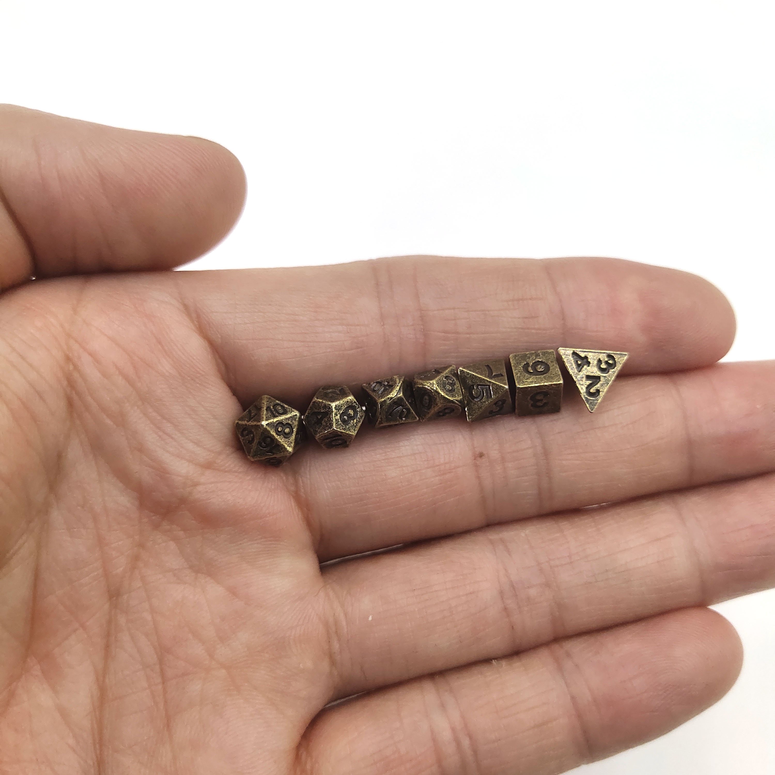 Mini Dice 7 Polyhedral Metal Dice Rolled Bronze Tabletop and Role-Playing Games Dice D20, D12