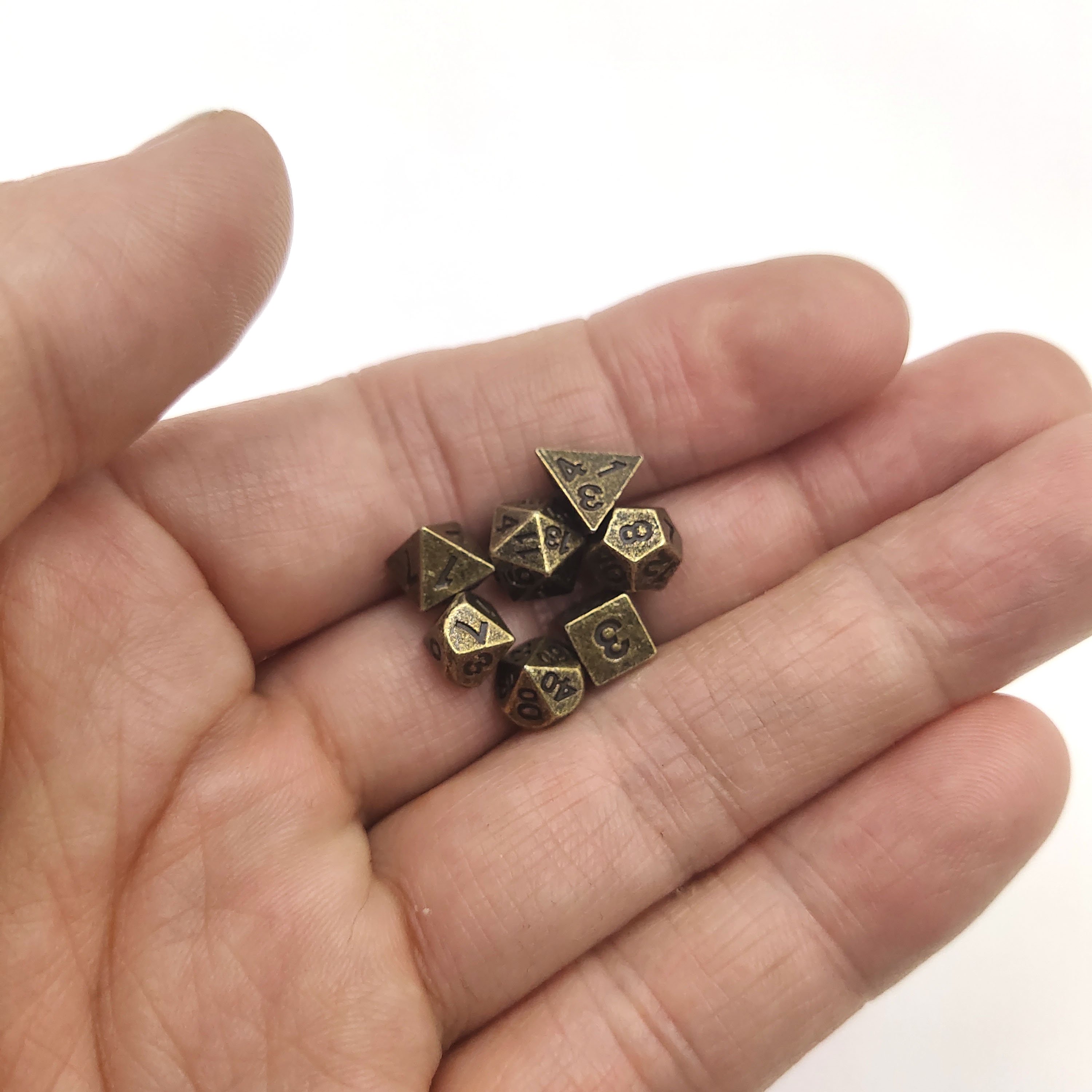 Mini Dice 7 Polyhedral Metal Dice Rolled Bronze Tabletop and Role-Playing Games Dice D20, D12