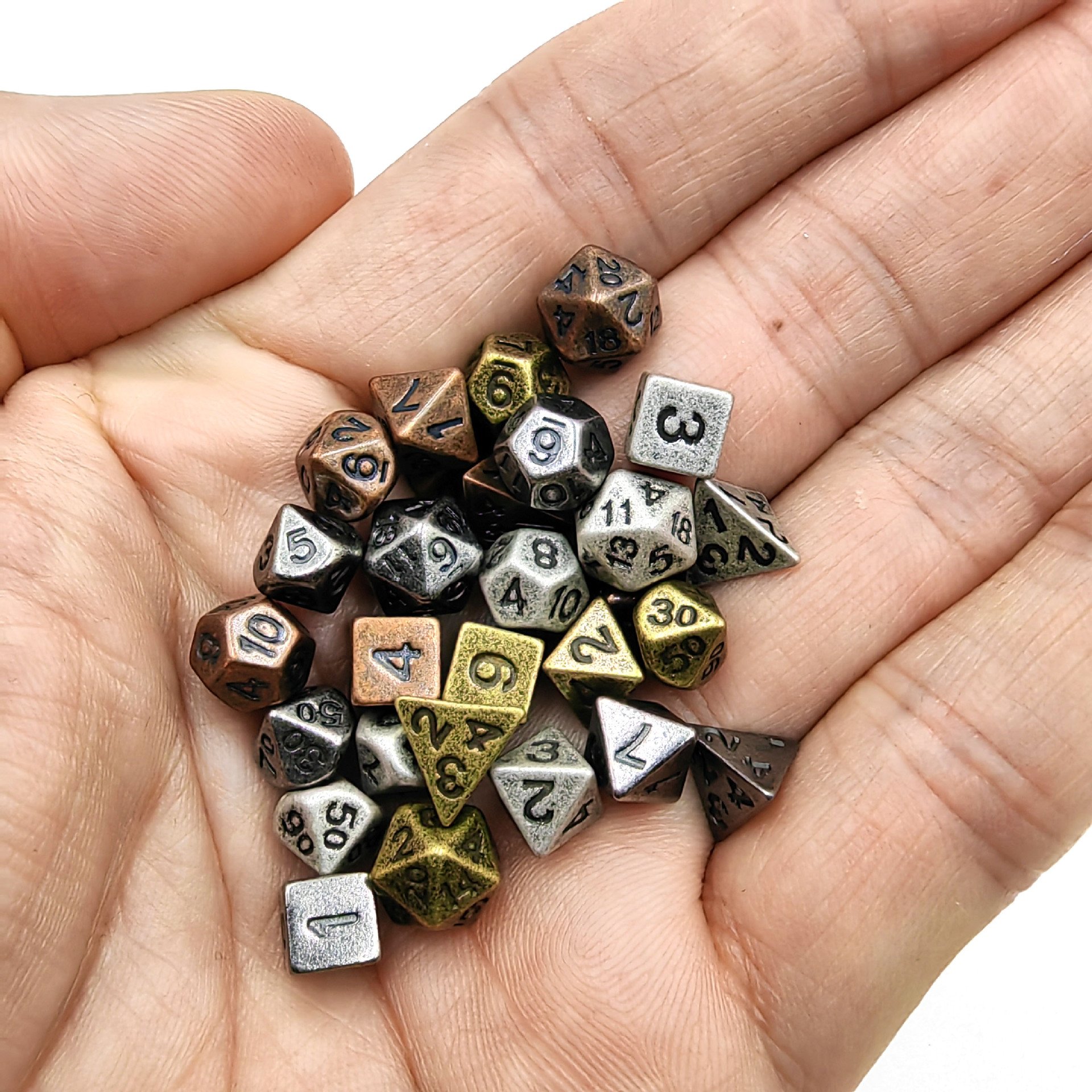Mini Dice 7 Polyhedral Metal Dice Rolled Bronze Tabletop and Role-Playing Games Dice D20, D12