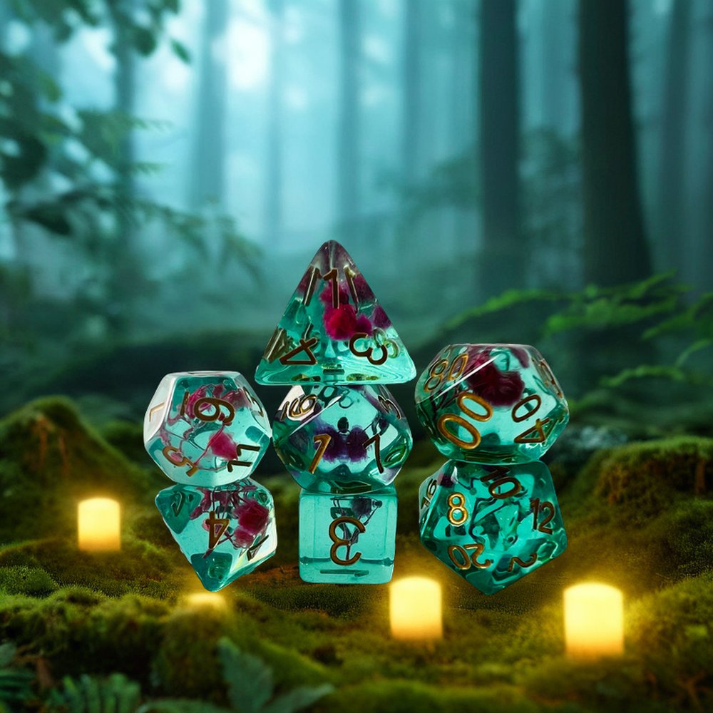 Handmade Custom Numbered Translucent Resin RPG D&D Polyhedron Flower Dice Set For Dungeons And Dragons Board Game