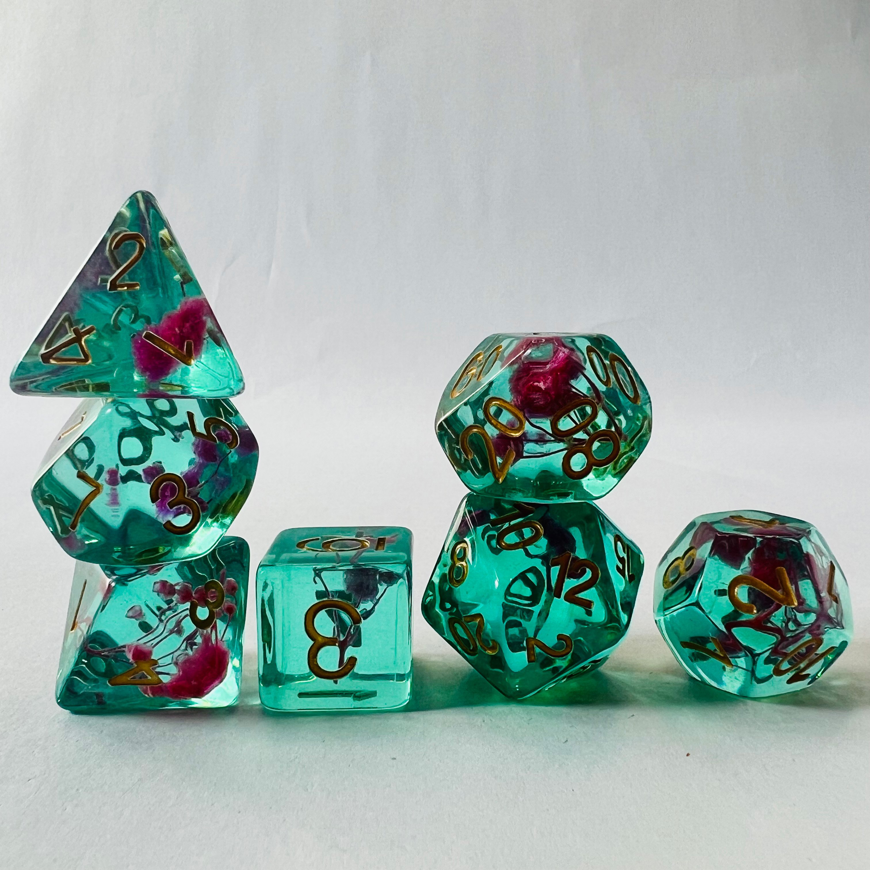 Handmade Custom Numbered Translucent Resin RPG D&D Polyhedron Flower Dice Set For Dungeons And Dragons Board Game
