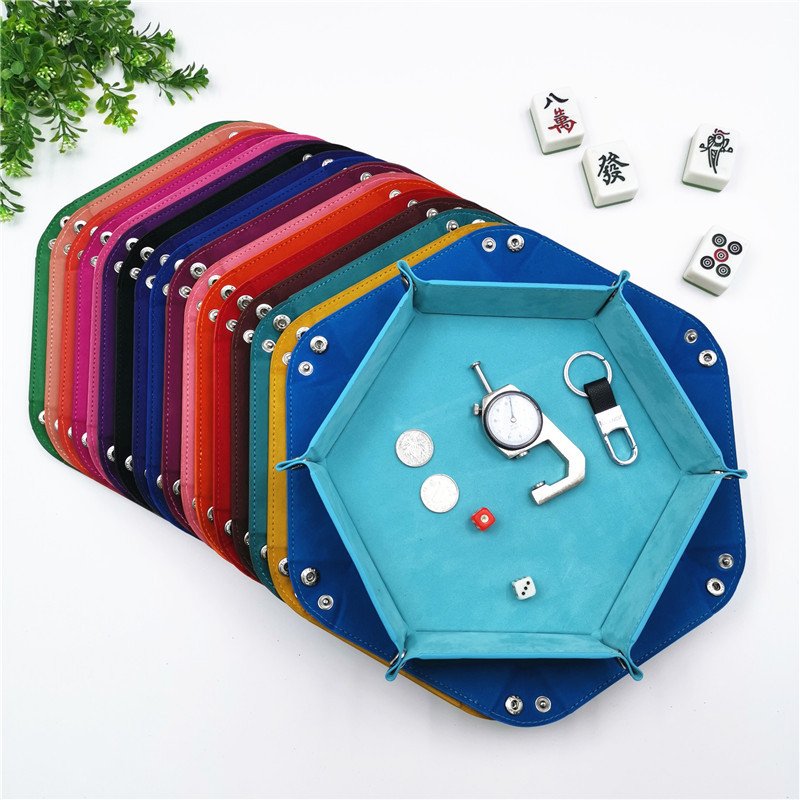 Multi-color Custom Logo Dice Holder PU Leather Velvet Folding Hexagon Dice Storage Tray for Table Games