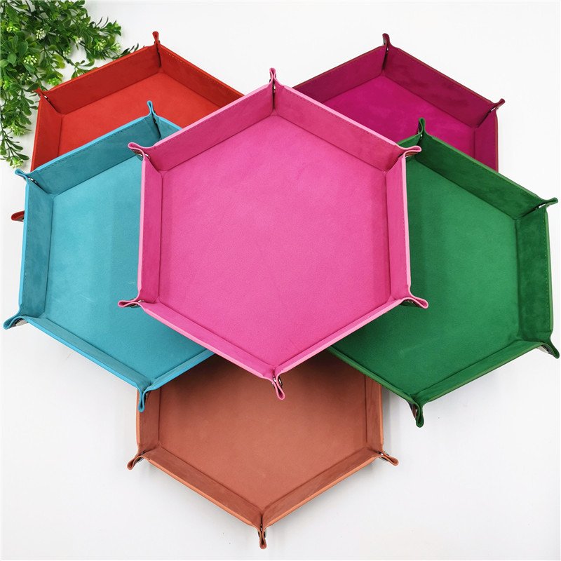 Multi-color Custom Logo Dice Holder PU Leather Velvet Folding Hexagon Dice Storage Tray for Table Games