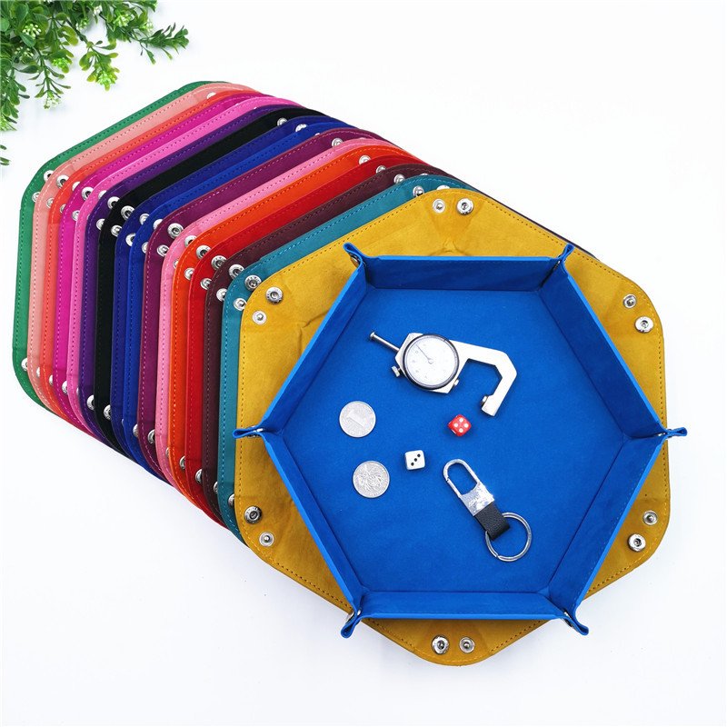 Multi-color Custom Logo Dice Holder PU Leather Velvet Folding Hexagon Dice Storage Tray for Table Games