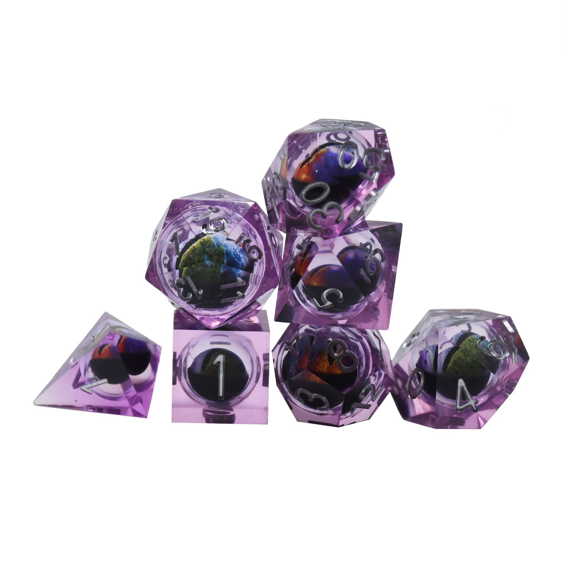 Wholesale Bulk Transparent Edge Polyhedral Purple 7pcs Dice Set With Gold Number
