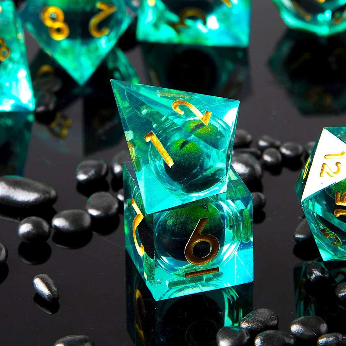 Handmade Dungeons & Dragons RPG dice Set liquid core sharp edge polyhedral resin role-playing Longan dice green