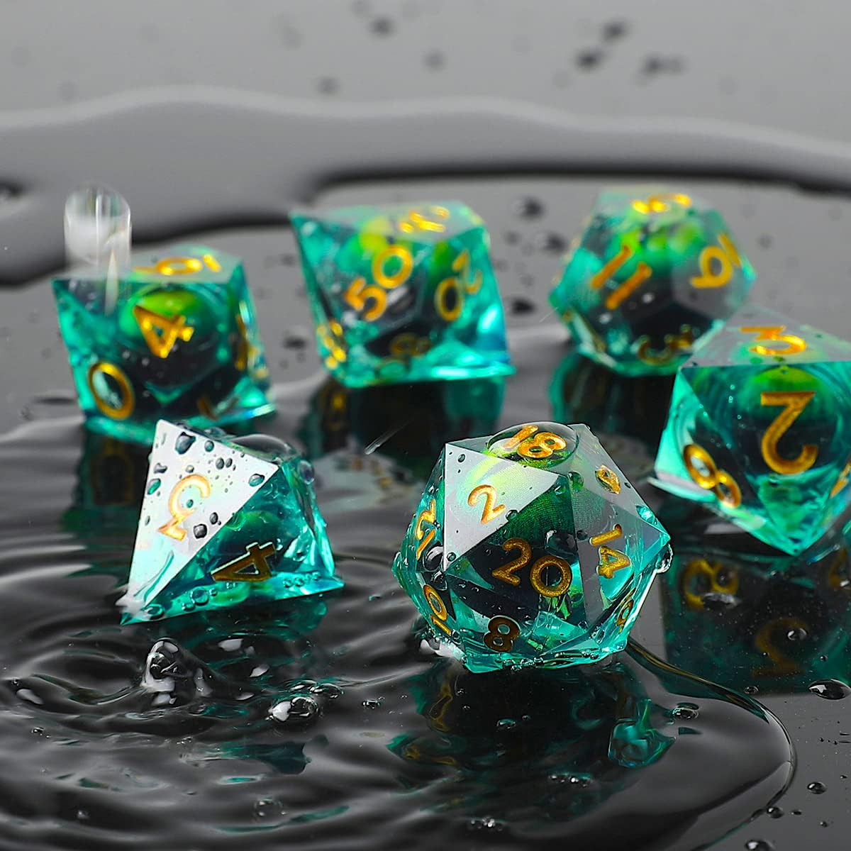 Handmade Dungeons & Dragons RPG dice Set liquid core sharp edge polyhedral resin role-playing Longan dice green