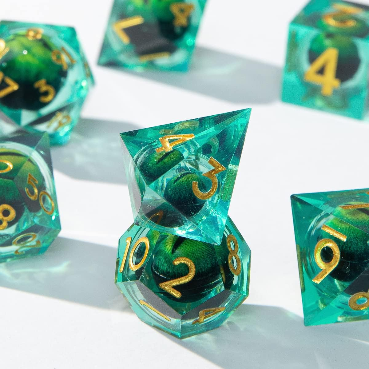 Handmade Dungeons & Dragons RPG dice Set liquid core sharp edge polyhedral resin role-playing Longan dice green