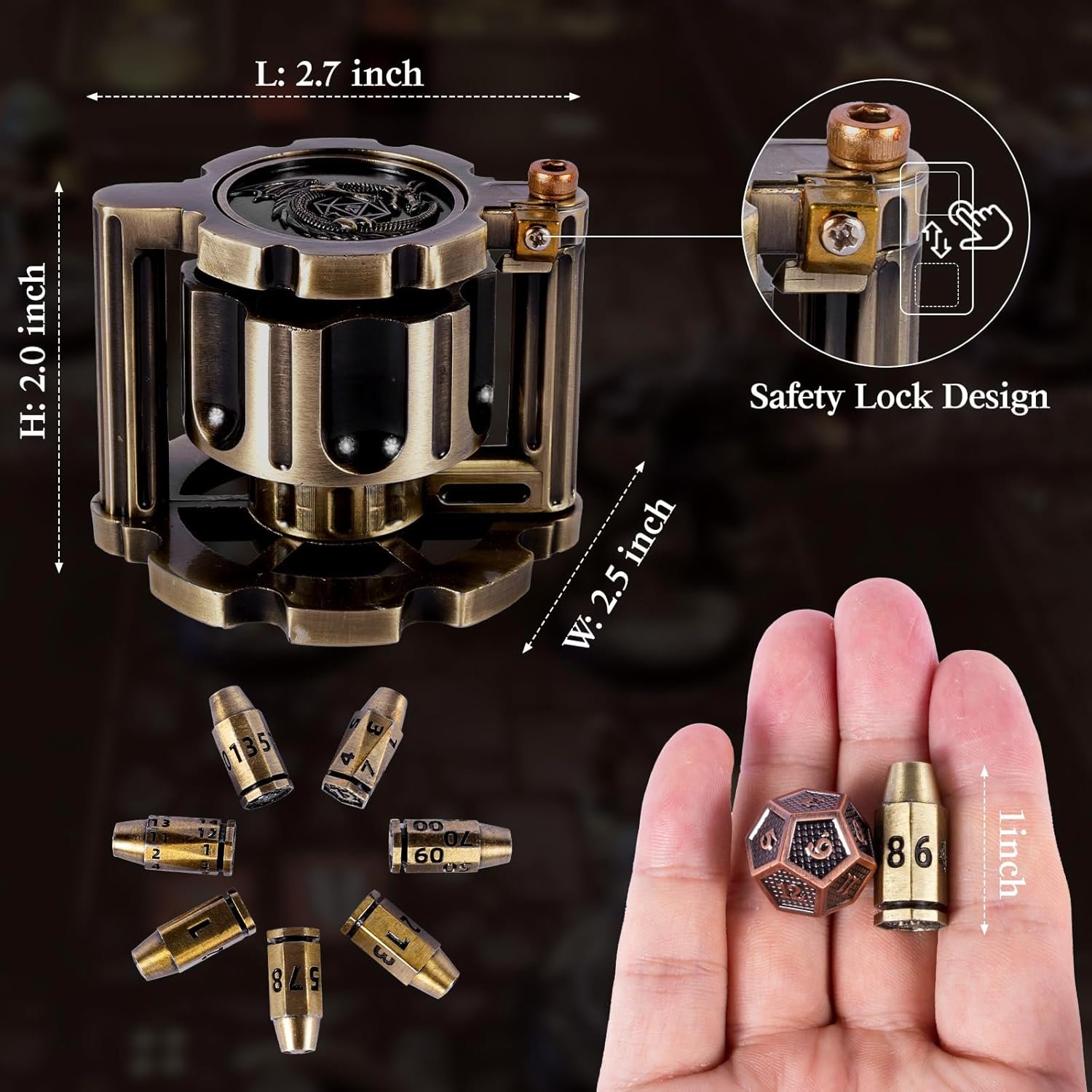 Cyberpunk Metal Bullet Dice Set with Rotating Revolver Container Portable DND Dice, Antique Bronze Suitable for Tabletop Gaming