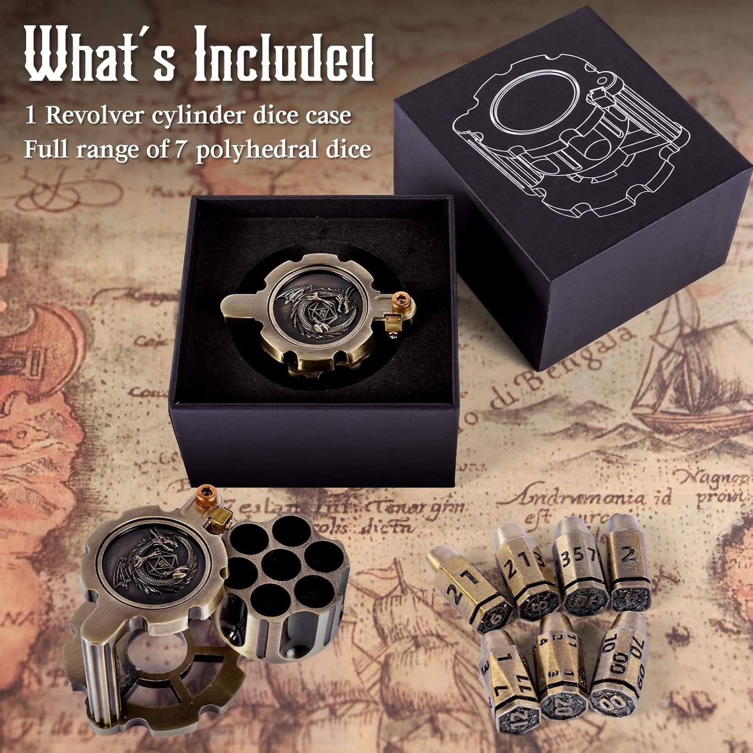 Cyberpunk Metal Bullet Dice Set with Rotating Revolver Container Portable DND Dice, Antique Bronze Suitable for Tabletop Gaming