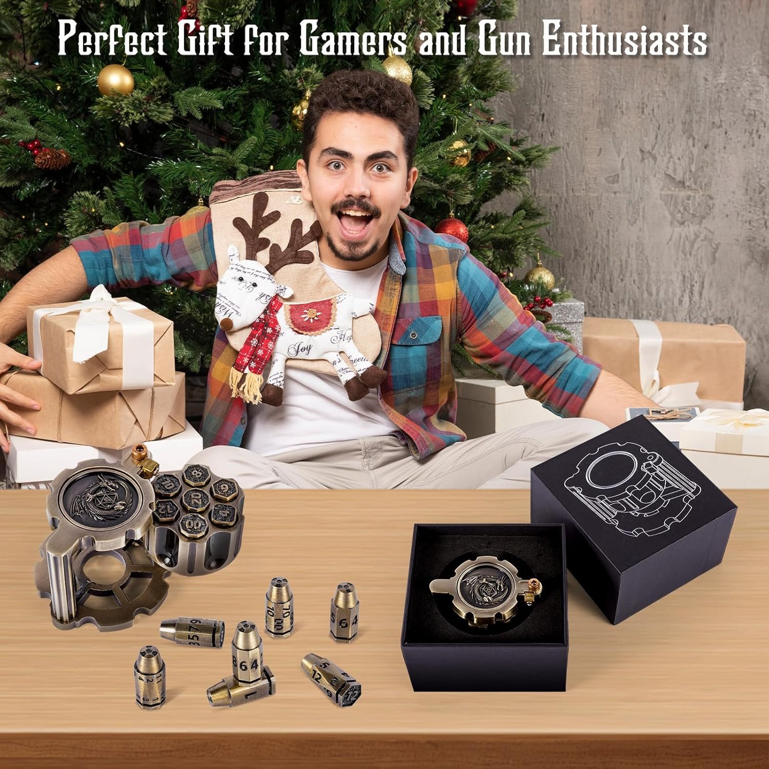 Cyberpunk Metal Bullet Dice Set with Rotating Revolver Container Portable DND Dice, Antique Bronze Suitable for Tabletop Gaming
