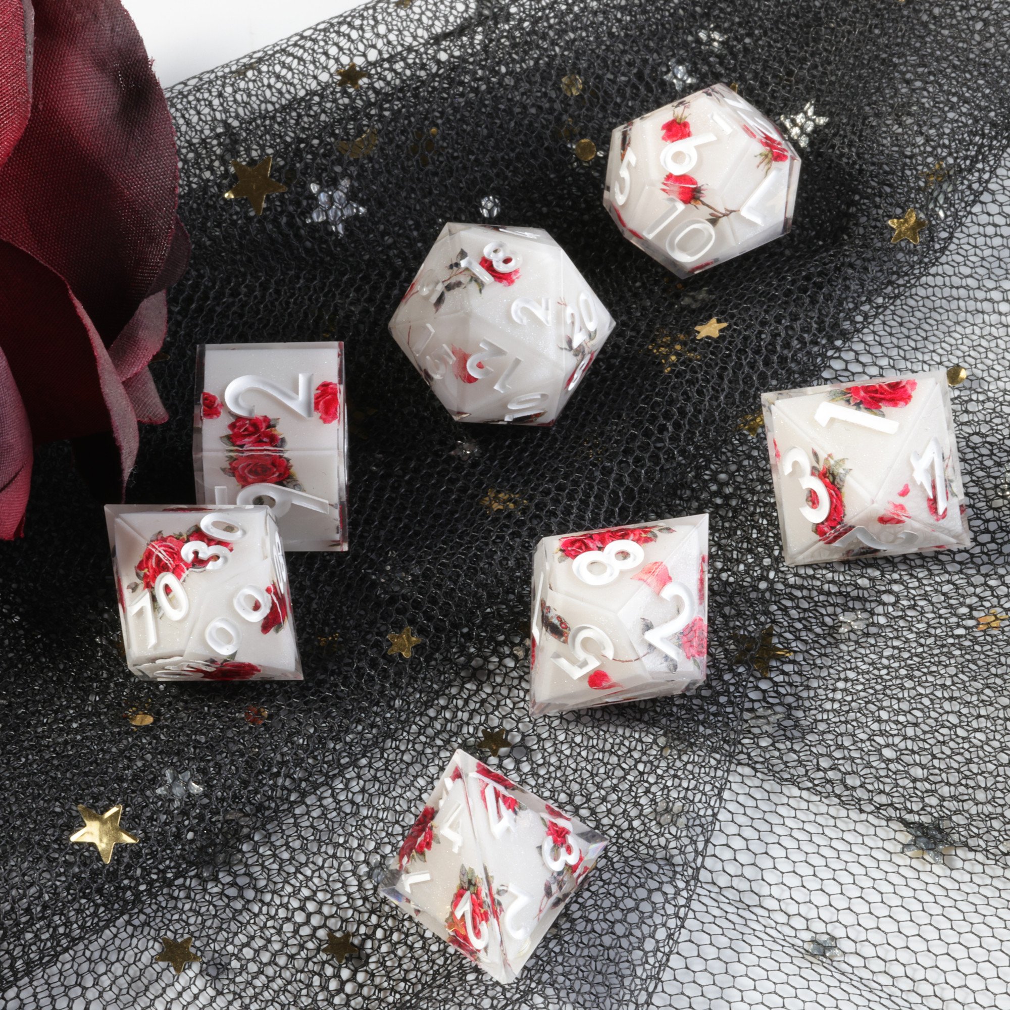 MINI PLANET Layered Stickers Flowers DND Dice Set 7pcs Wholesale Custom Resin Dice For TRPG Board Game Handmade Polyhedral Dice