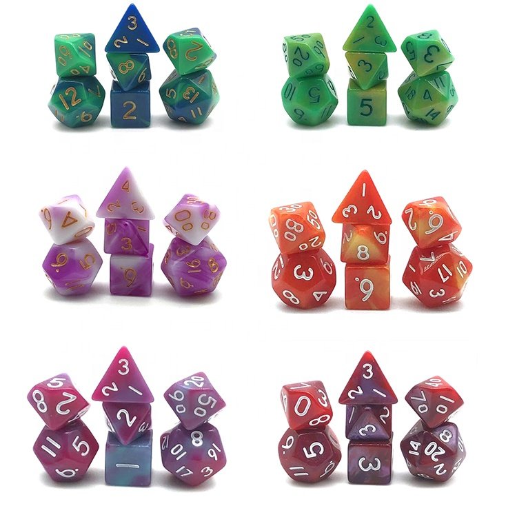 Acrylic Mini 7 Die Polyhedral RPG DND Multi Color Dice Set with Velvet Bag