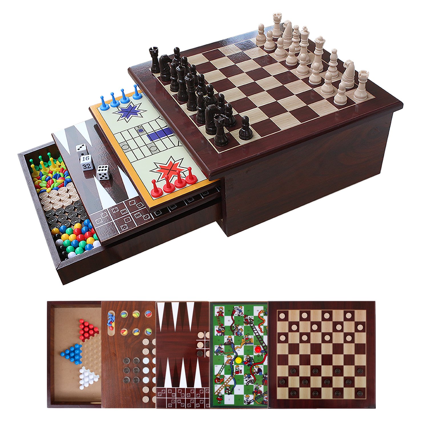 Deluxe 10 in 1 Tabletop Game Center with Storage Drawer Checkers Chess Parcheesi TicTacToe Solitaire Mancala Backgammon
