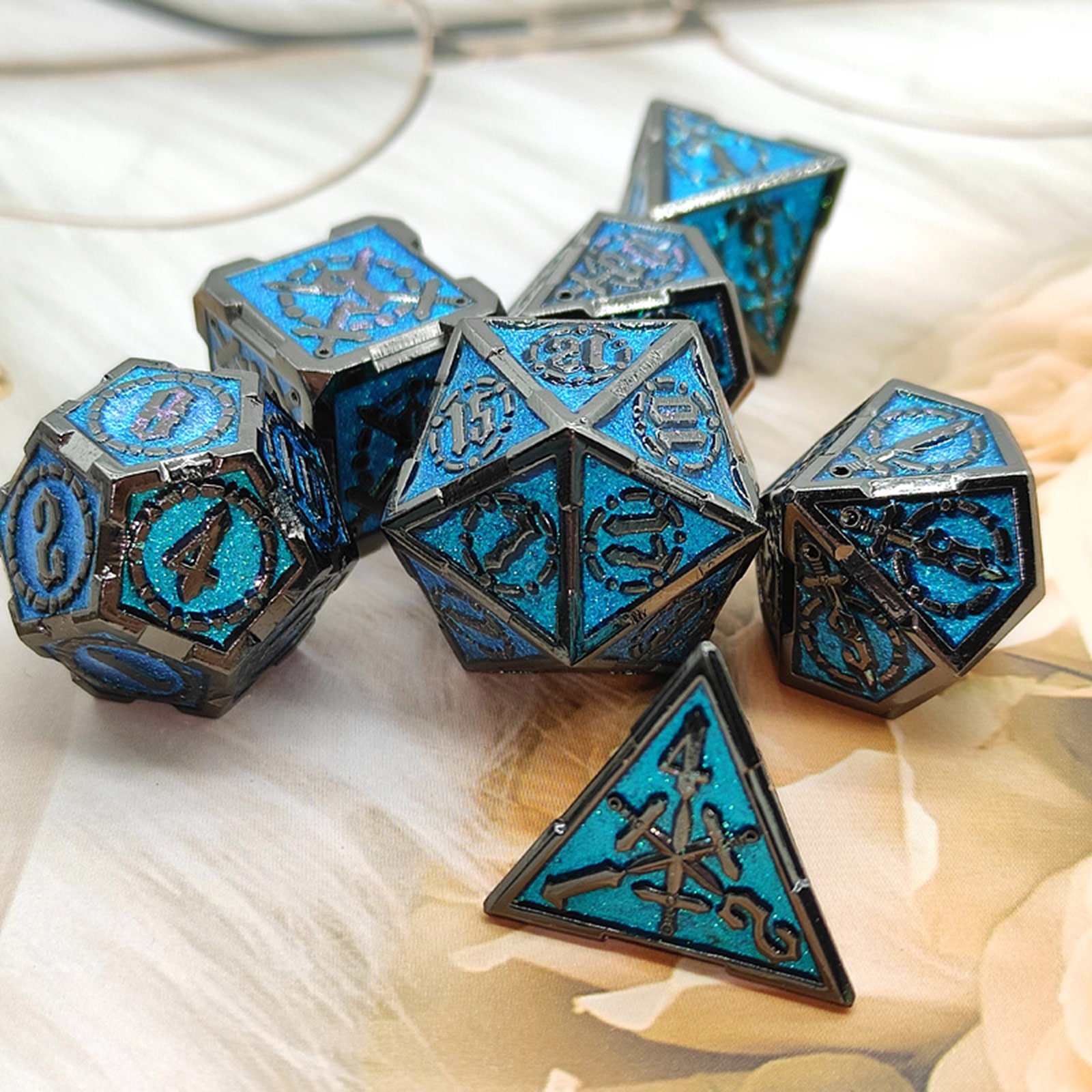 7 piece set custom logo polyhedron custom casino wholesale dungeon and dragon games rgp cut dice set d&d sharp d20 metal dice