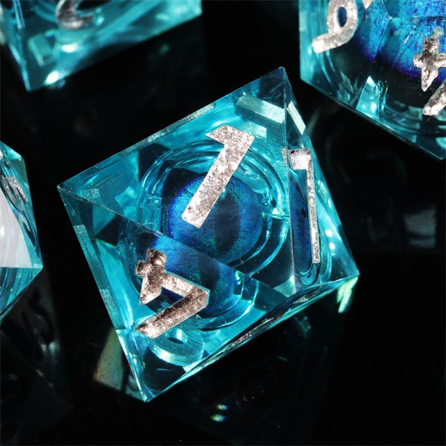 Mini Planet Handmade Resin Polyhedral Blue Dragon Eye Dice Set Liquid Core DND Board Game RPG Sharp Edge with Core