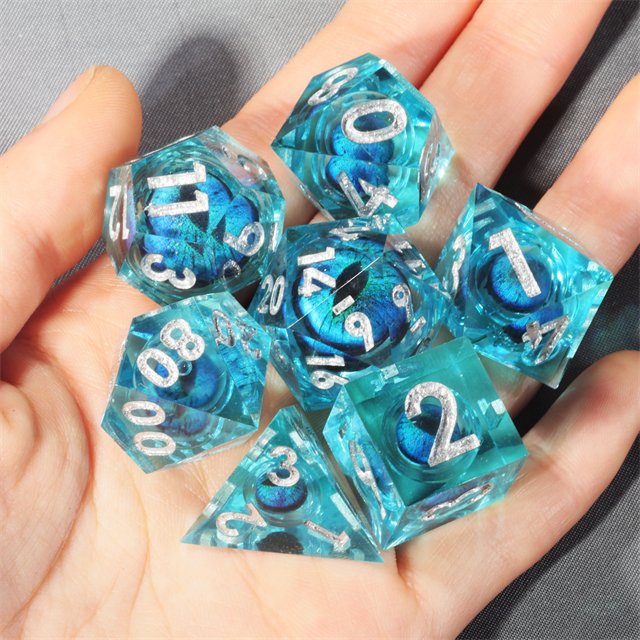 Mini Planet Handmade Resin Polyhedral Blue Dragon Eye Dice Set Liquid Core DND Board Game RPG Sharp Edge with Core