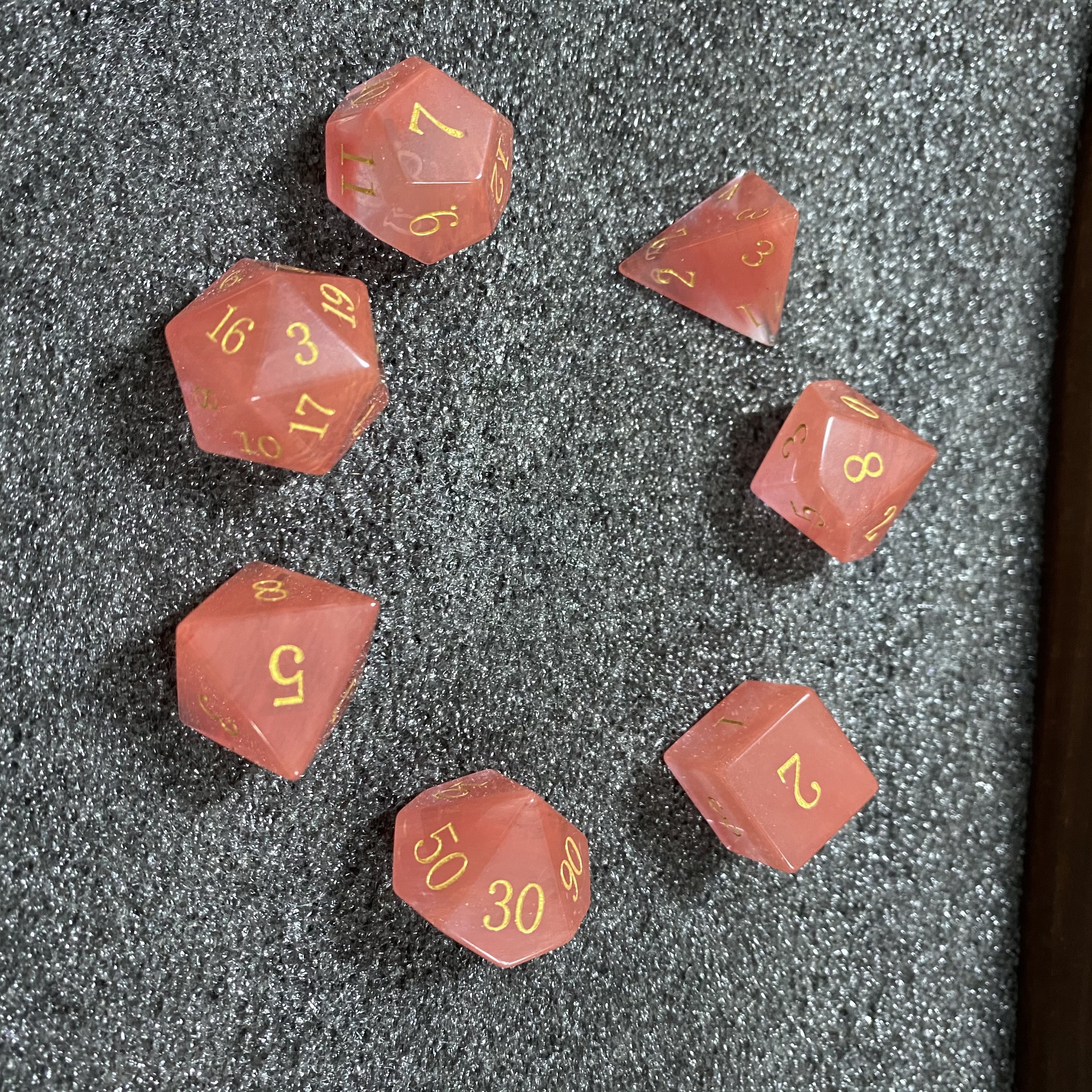 ENGRAVED Strawberry Quartz Dungeons Dragons DND RPG 7 piece PRG gemstone dice set