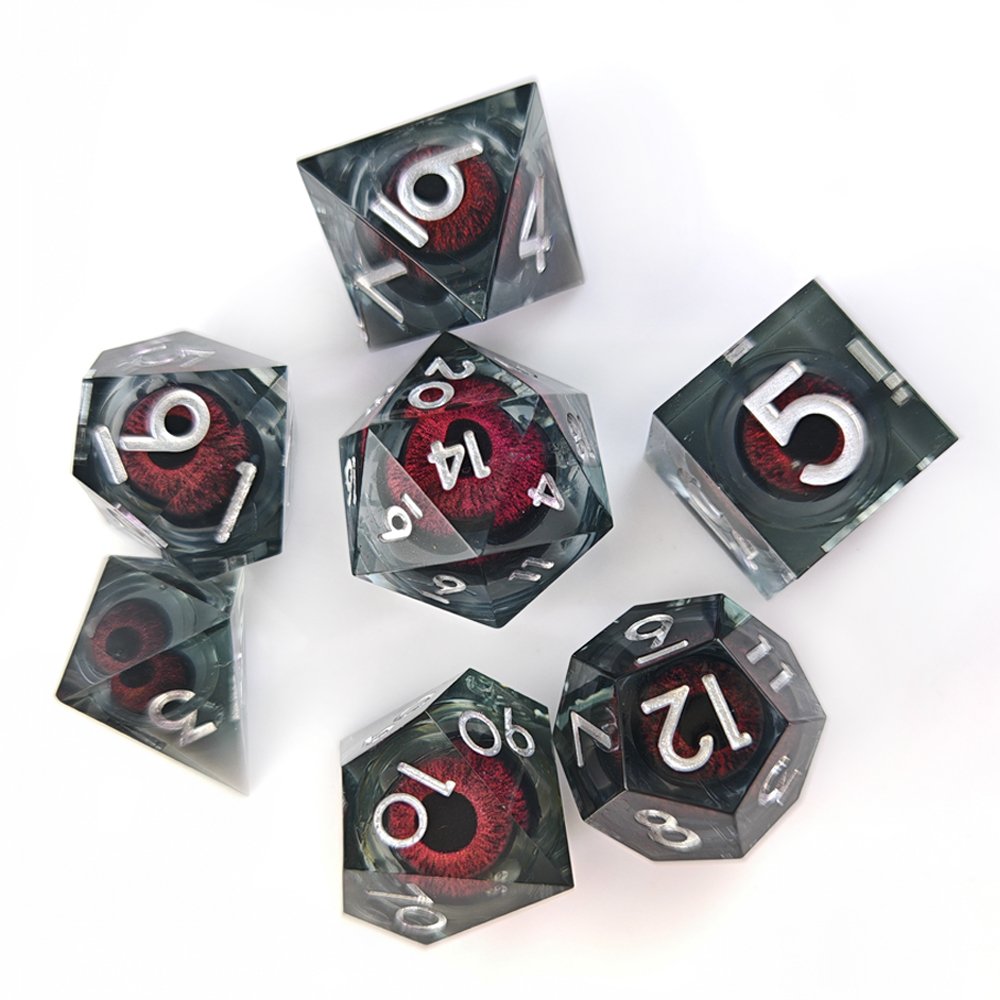 DND Dice Set 7pcs Red Dragon Eye Liquid Core Sharp Edge Dice for Dungeons and Dragons RPG Polyhedral D&D Resin Dice Set