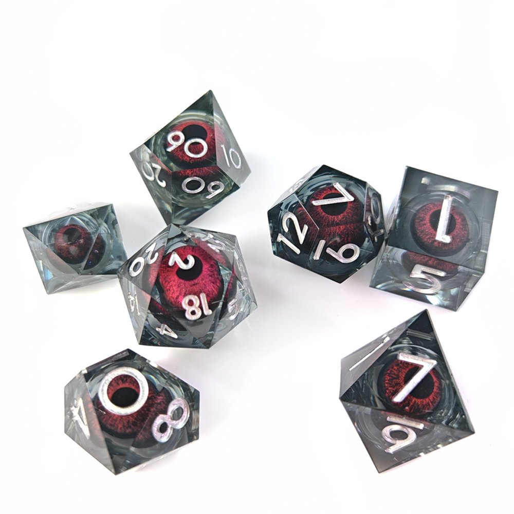 DND Dice Set 7pcs Red Dragon Eye Liquid Core Sharp Edge Dice for Dungeons and Dragons RPG Polyhedral D&D Resin Dice Set