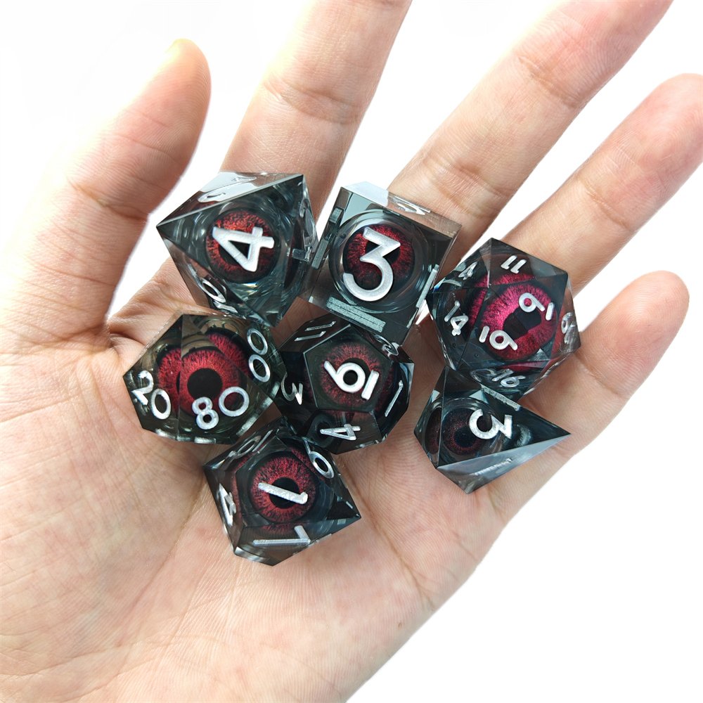 DND Dice Set 7pcs Red Dragon Eye Liquid Core Sharp Edge Dice for Dungeons and Dragons RPG Polyhedral D&D Resin Dice Set