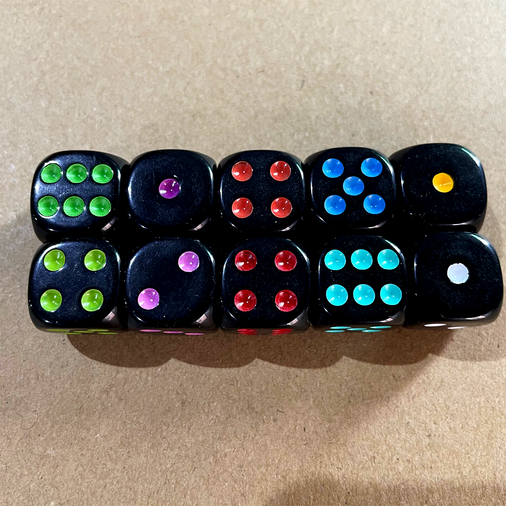 16MM Acrylic Dice Black Color Dot 10pcs/set Dice Game Rounded Corners Custom Dice Board Game